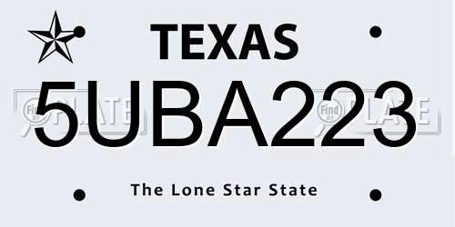 5UBA223 Texas License Plate