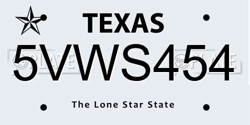 5VWS454 Texas License Plate