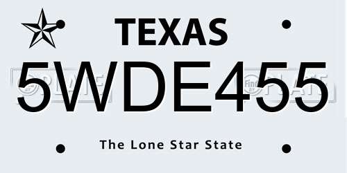 5WDE455 Texas License Plate