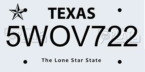 5WOV722 Texas License Plate