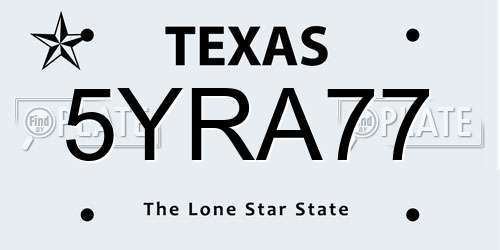 5YRA77 Texas License Plate