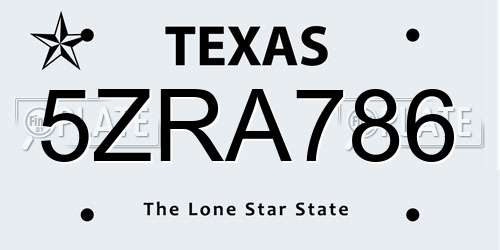 5ZRA786 Texas License Plate