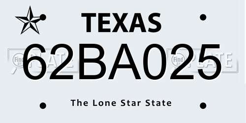 62BA025 Texas License Plate