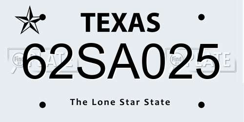 62SA025 Texas License Plate