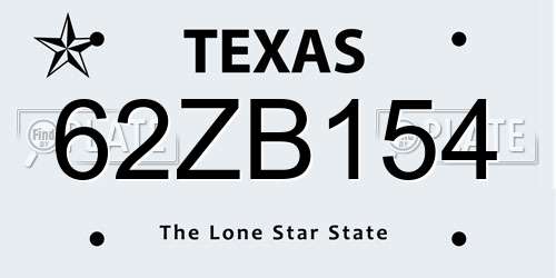 62ZB154 Texas License Plate