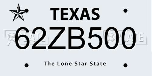 62ZB500 Texas License Plate