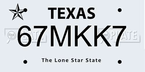 67MKK7 Texas License Plate