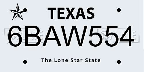 6BAW554 Texas License Plate