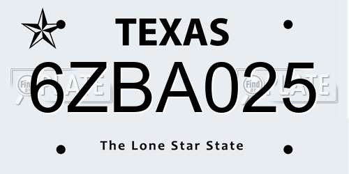 6ZBA025 Texas License Plate