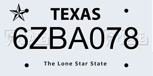 6ZBA078 Texas License Plate