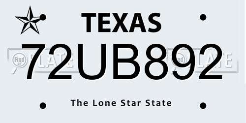 72UB892 Texas License Plate