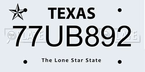 77UB892 Texas License Plate