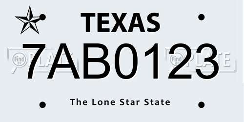7AB0123 Texas License Plate