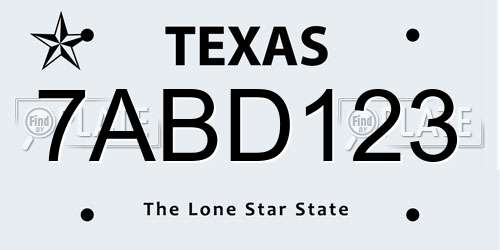 7ABD123 Texas License Plate