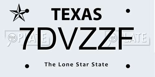 7DVZZF Texas License Plate