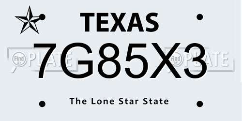 7G85X3 Texas License Plate