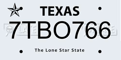 7TBO766 Texas License Plate