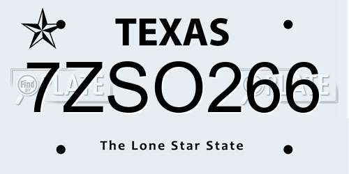 7ZSO266 Texas License Plate