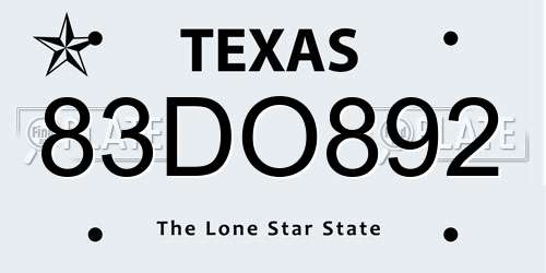 83DO892 Texas License Plate