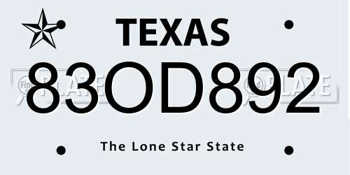 83OD892 Texas License Plate