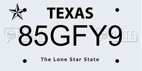85GFY9 Texas License Plate