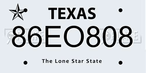 86EO808 Texas License Plate