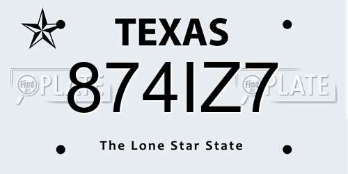 874IZ7 Texas License Plate