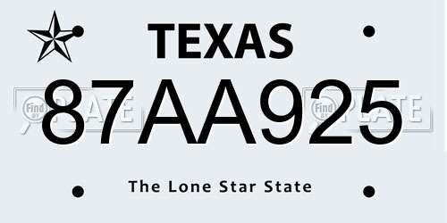 87AA925 Texas License Plate