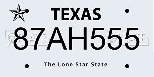 87AH555 Texas License Plate