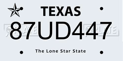 87UD447 Texas License Plate