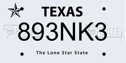 893NK3 Texas License Plate