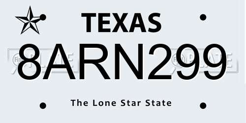 8ARN299 Texas License Plate