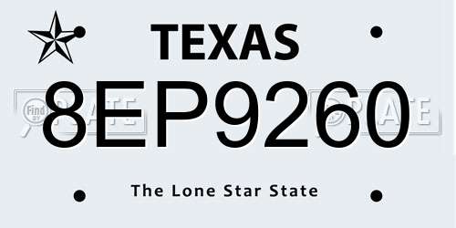 8EP9260 Texas License Plate