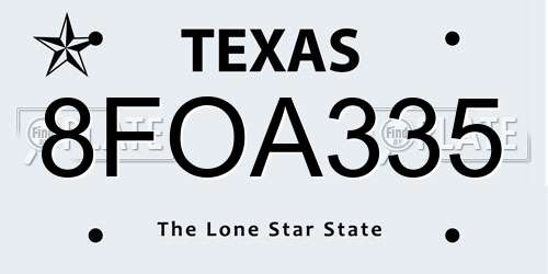 8FOA335 Texas License Plate