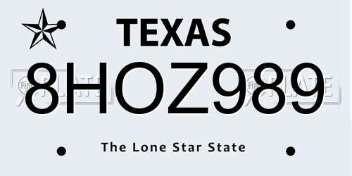 8HOZ989 Texas License Plate