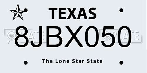 8JBX050 Texas License Plate
