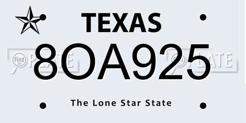8OA925 Texas License Plate