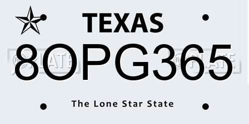 8OPG365 Texas License Plate