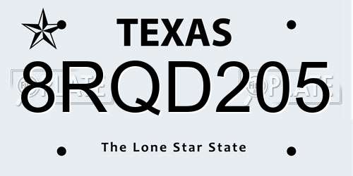 8RQD205 Texas License Plate