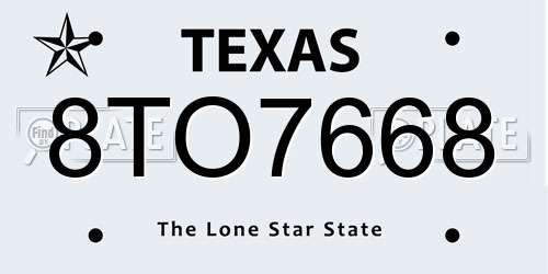 8TO7668 Texas License Plate