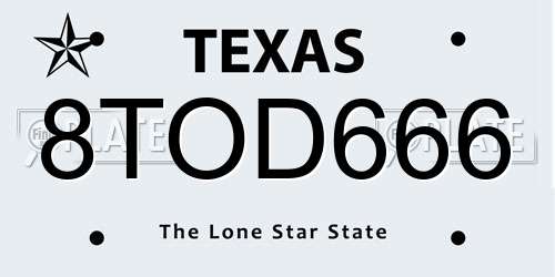 8TOD666 Texas License Plate