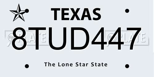 8TUD447 Texas License Plate