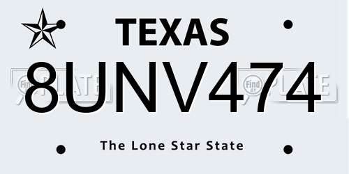 8UNV474 Texas License Plate