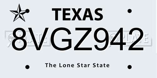 8VGZ942 Texas License Plate