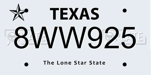 8WW925 Texas License Plate