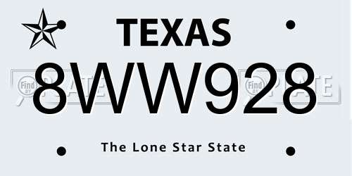 8WW928 Texas License Plate