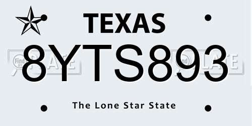 8YTS893 Texas License Plate