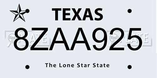 8ZAA925 Texas License Plate