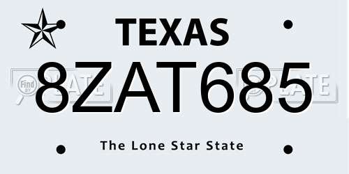 8ZAT685 Texas License Plate