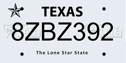 8ZBZ392 Texas License Plate